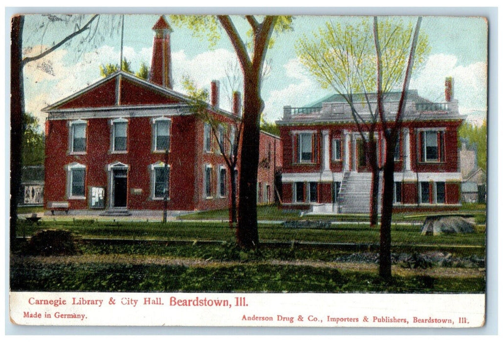 c1910's Carnegie Library & City Hall Beardstown Illinois IL Antique Postcard