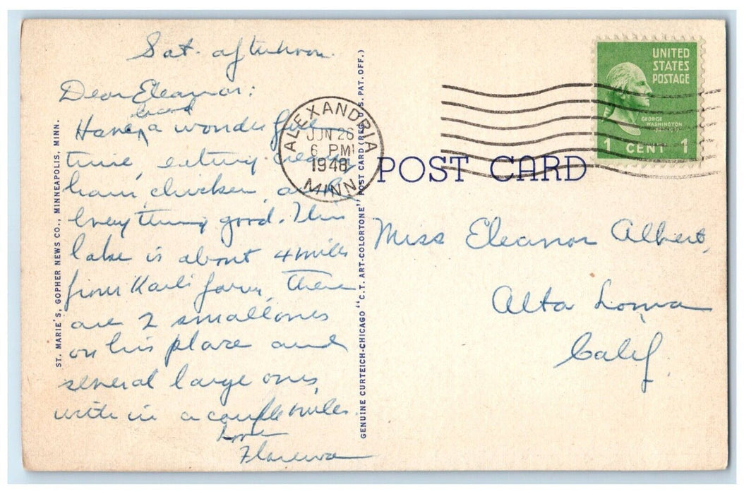 1948 Scenic View Lake Carlos Lake Darling Alexandria Minnesota Vintage Postcard