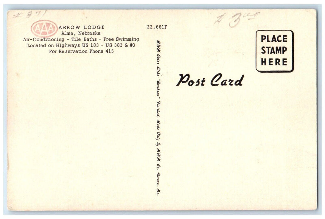 c1950's Arrow Lodge Motel Roadside Alma Nebraska NE Unposted Vintage Postcard