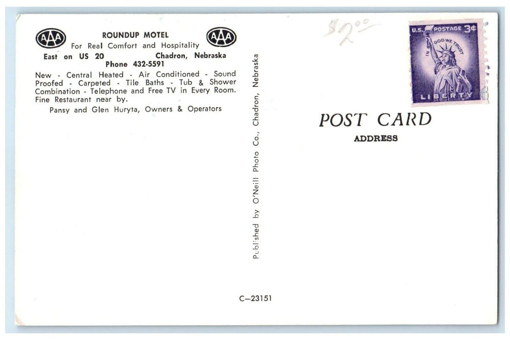 c1950's Roundup Motel Cars Chadron Nebraska NE Unposted Vintage Postcard