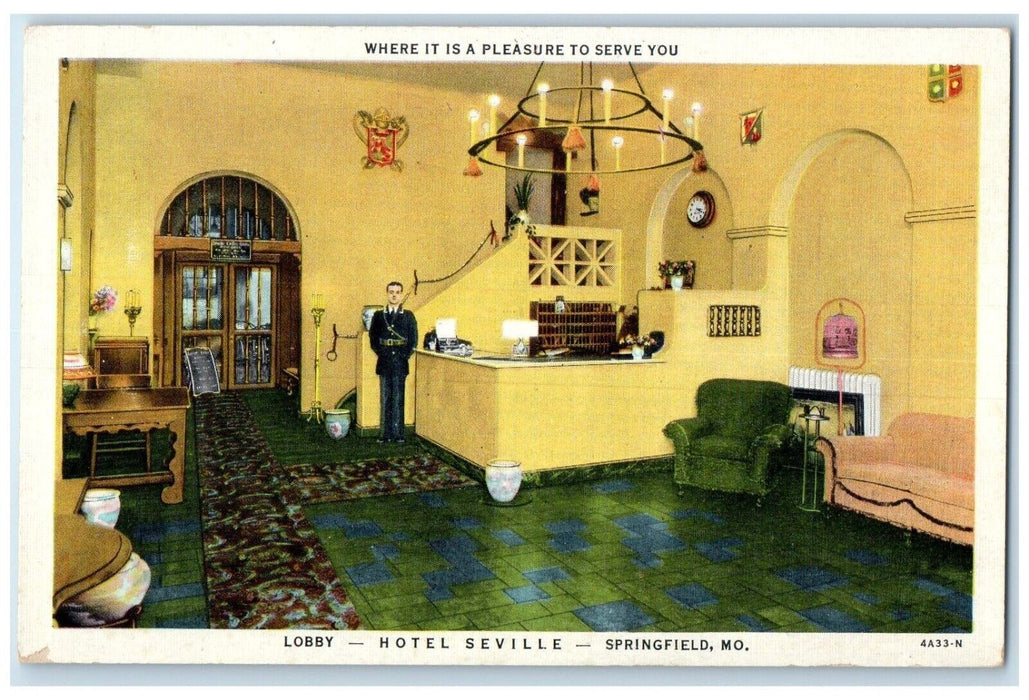 c1930's View Of Lobby Hotel Seville Springfield Missouri MO Vintage Postcard