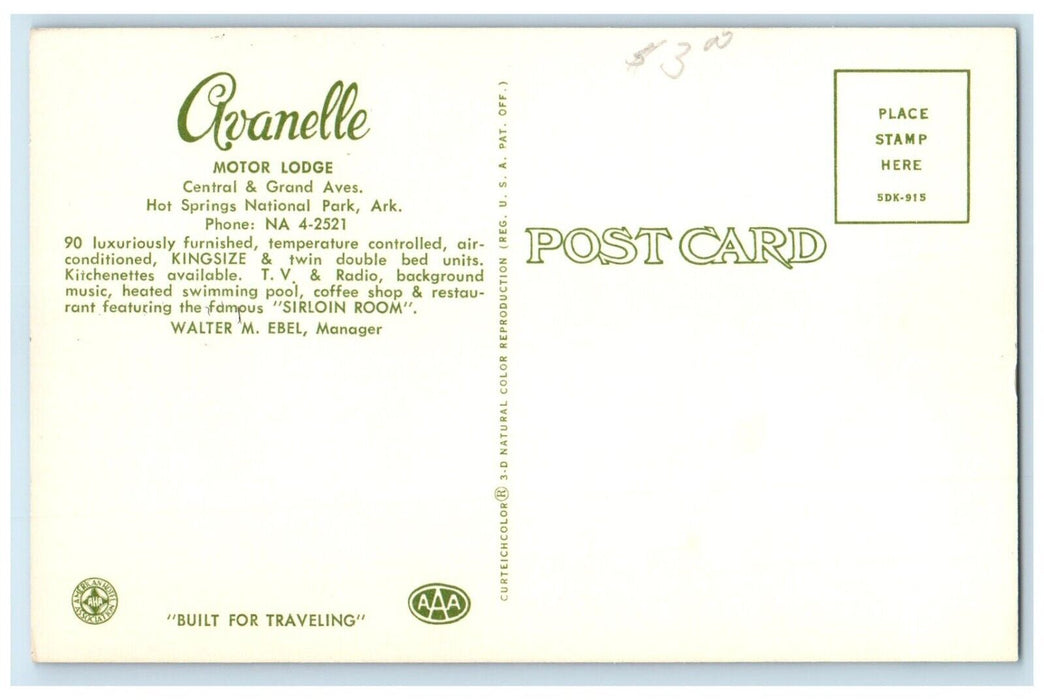 Avanelle Motor Lodge Hot Spring National Park Arkansas AR Multiview Postcard