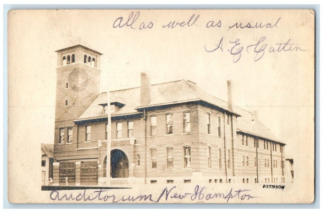1907 Auditorium Building View New Hampton Iowa IA RPPC Photo Posted Postcard