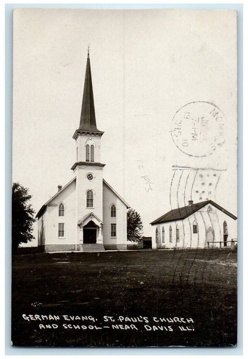 1910 German Evangelical St. Paul Church School Near Davis IL RPPC Photo Postcard