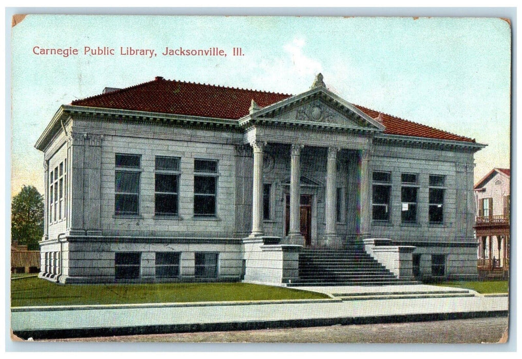 1908 Carnegie Public Library Builiding Jacksonville Illinois IL Antique Postcard
