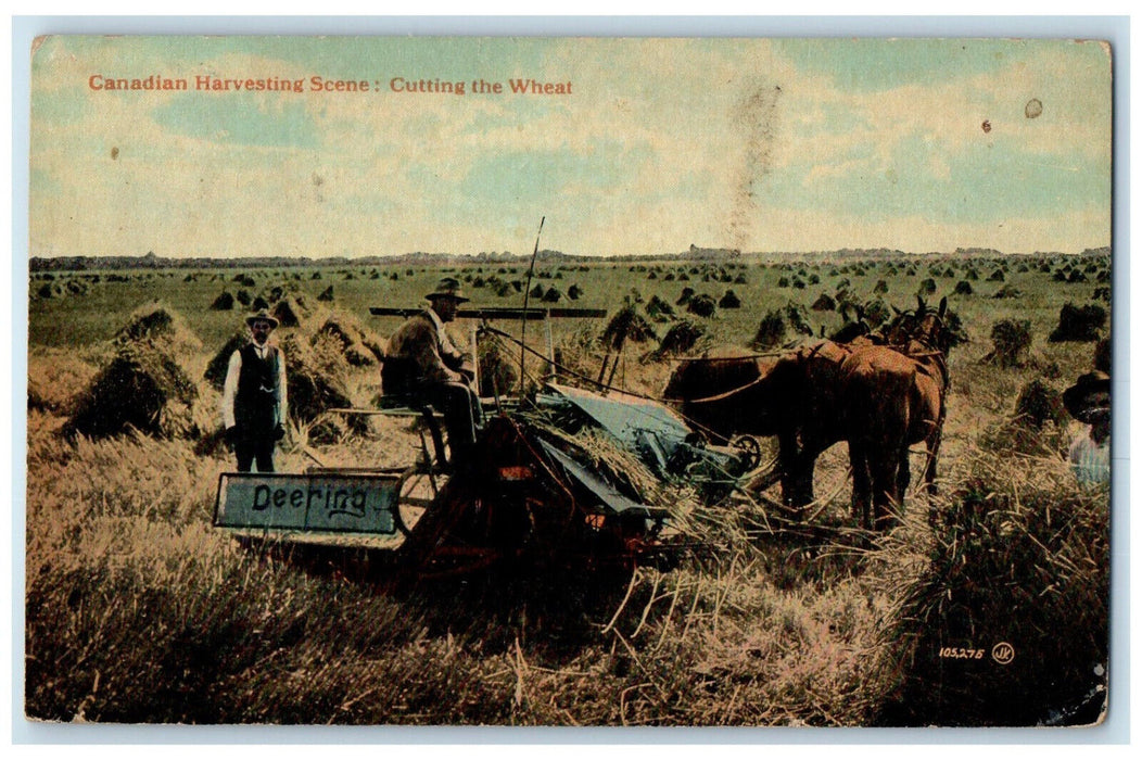 1919 Deering Tractor Buffalo Canadian Harvesting Scene Cutting Wheat Postcard