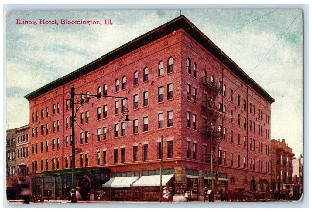 1909 Illinois Hotel Building Street View Stores Bloomington Illinois IL Postcard