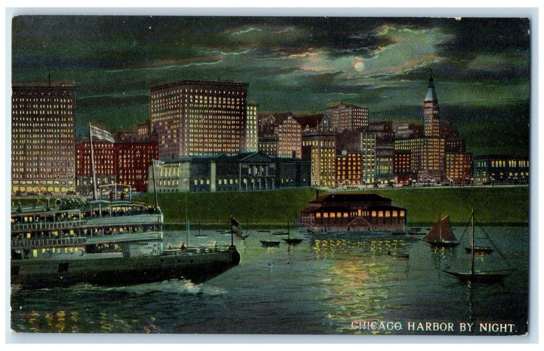 c1910's Chicago Harbor By Night Ferry Boat Moon Chicago Illinois IL Postcard