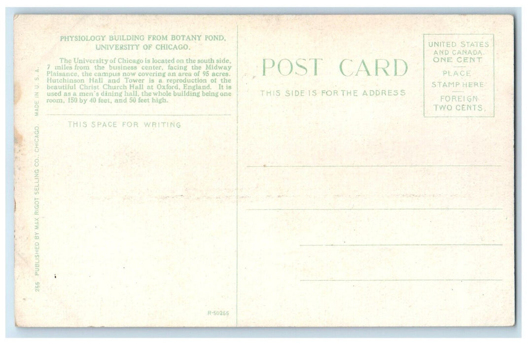 c1910's Physiology Building From Botany Pond University Of Chicago IL Postcard