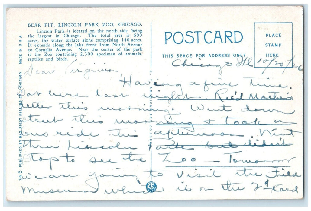 c1930's Bear Pit Lincoln Park Zoo Chicago Illinois IL Posted Vintage Postcard