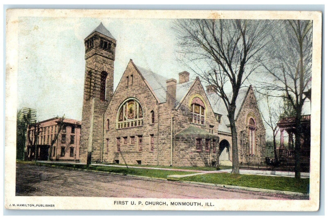 1908 First UP Church Scene Street Monmouth Illinois IL Posted Antique Postcard