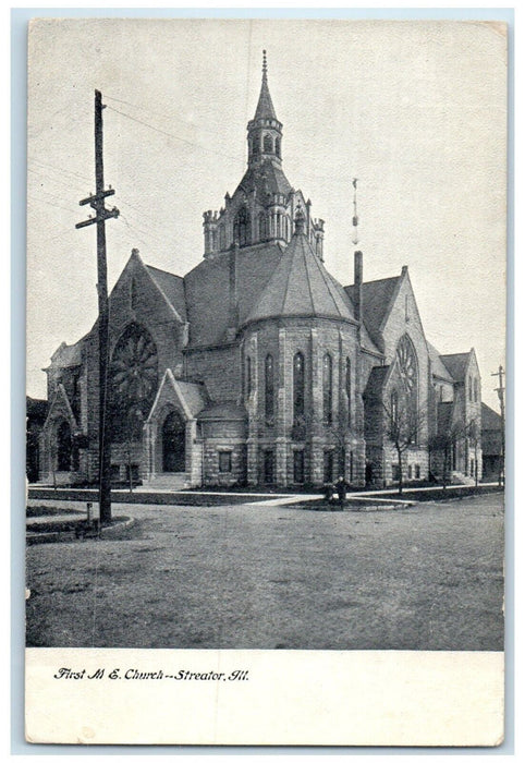 c1905 First ME Church Scene Street Streator Illinois IL Posted Antique Postcard