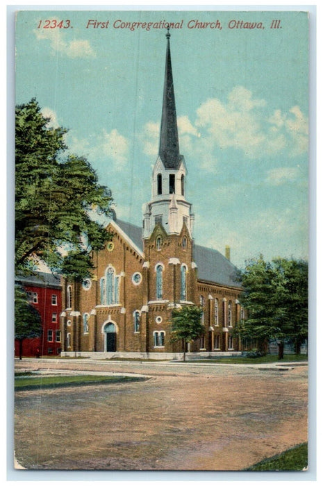 c1910's First Congregational Church Street View Ottawa Illinois IL Postcard