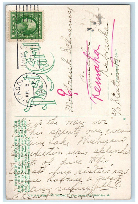 1912 Steamship Christopher Columbus Chicago Illinois IL Posted Antique Postcard