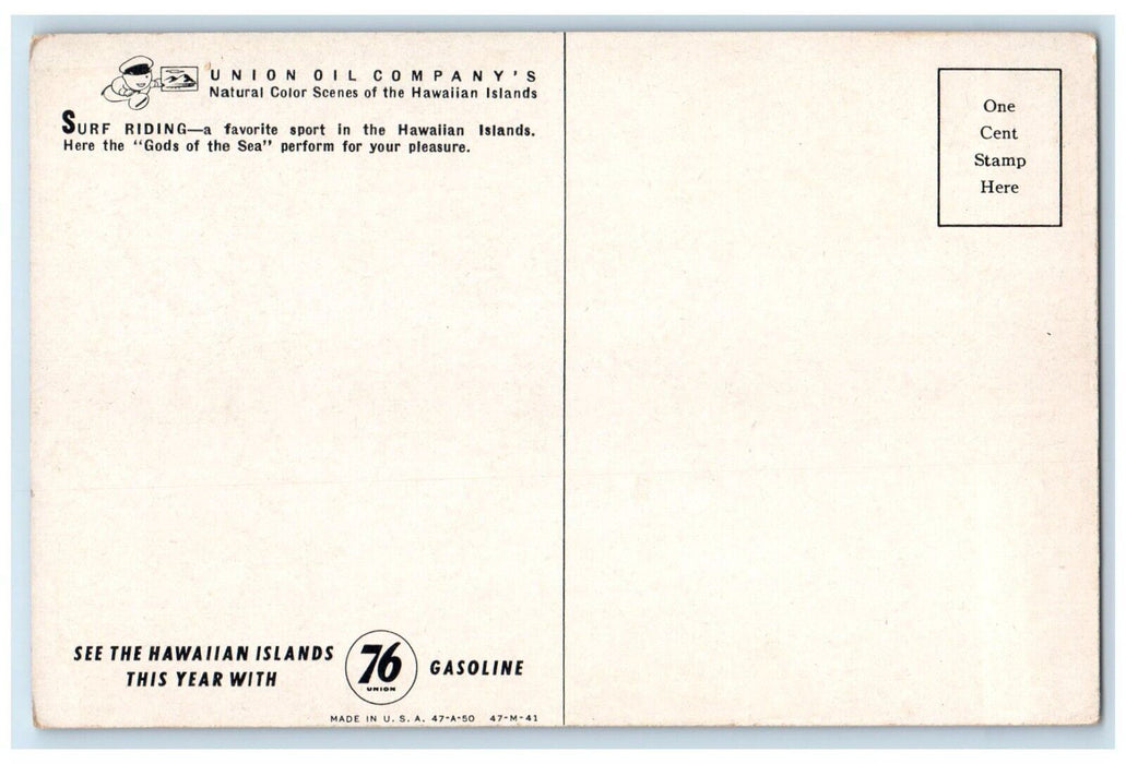 View Of Surf Riding In The Hawaiian Islands HI Union Oil Company's Postcard