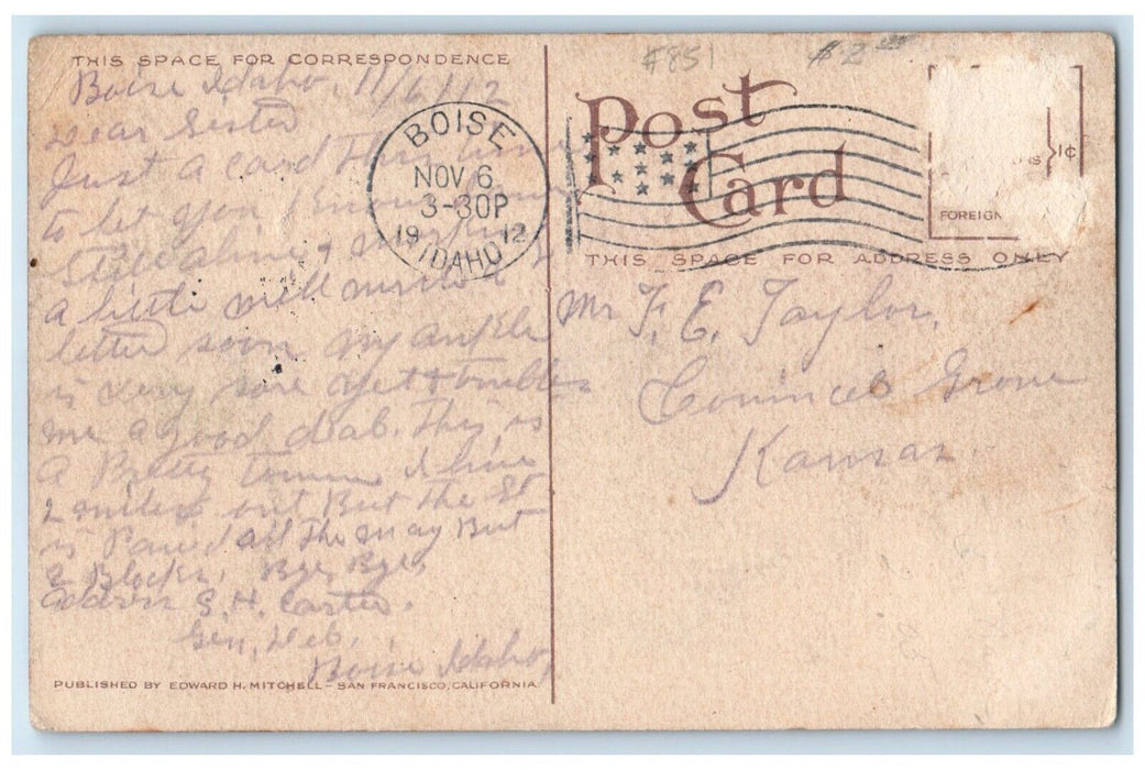 1912 View Of Main Street West From Ninth Cars Boise Idaho ID Antique Postcard