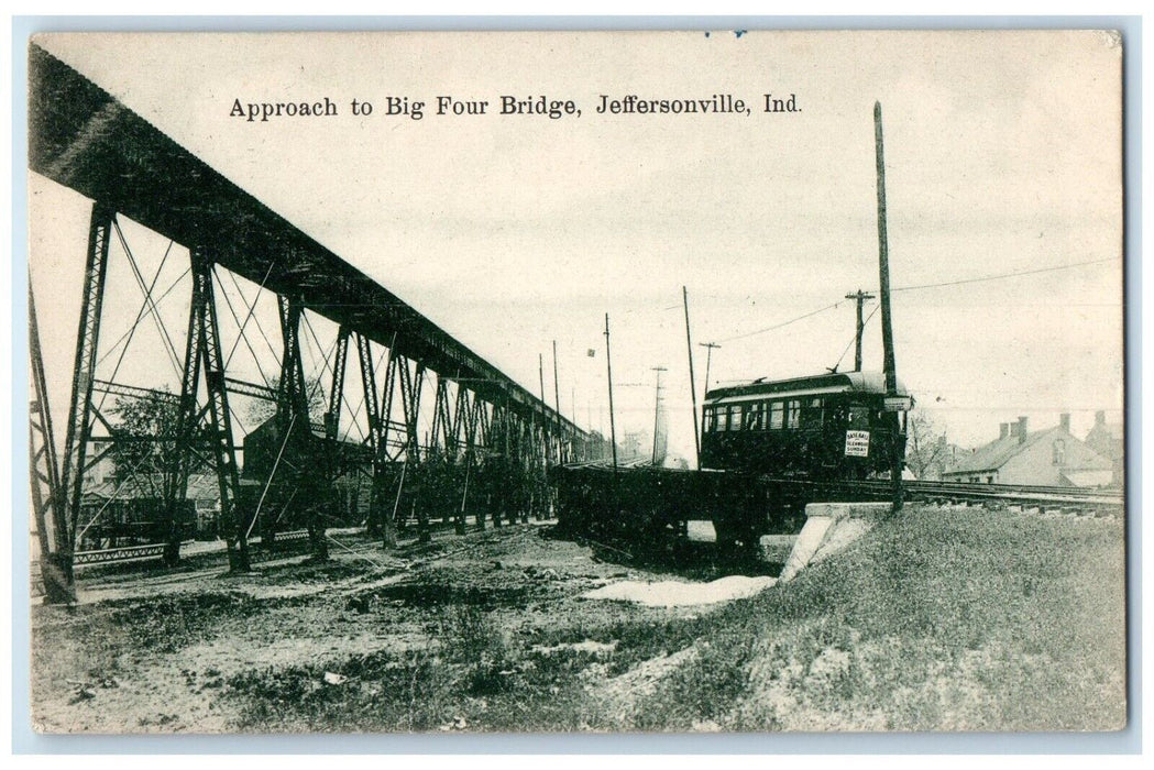 1908 Approach Big Four Bridge Streetcar Jeffersonville Indiana Vintage Postcard