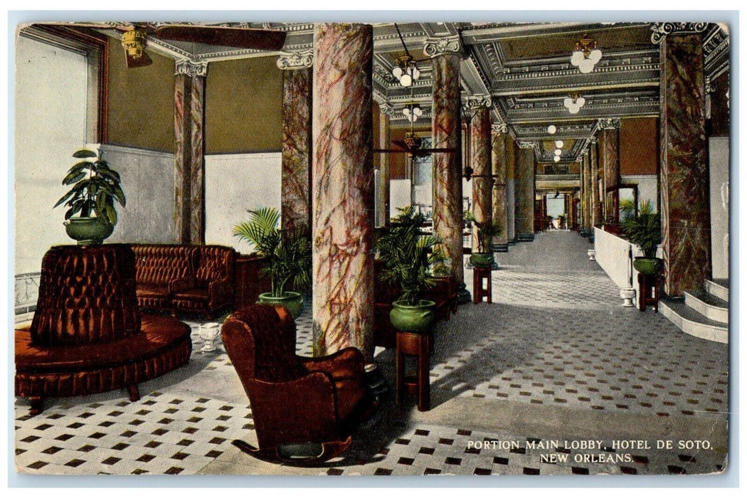 1917 Interior Portion Main Lobby Hotel De Soto New Orleans Louisiana LA Postcard