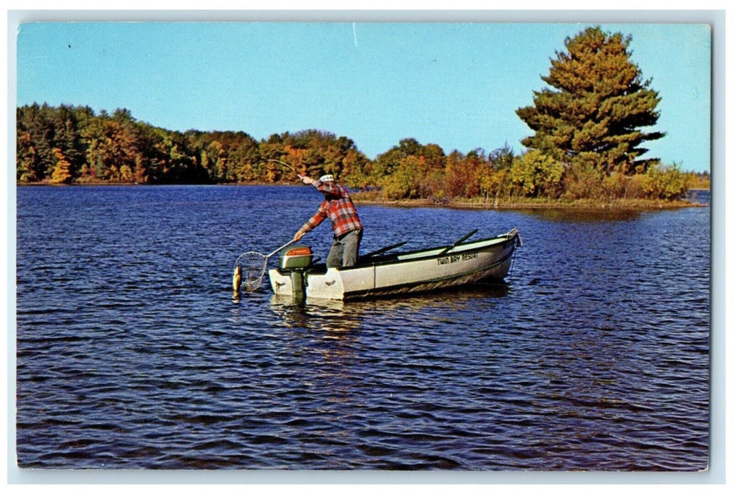 1964 Greetings From Lake Leelanau Michigan MI, Autumn Man Fishing Boat Postcard