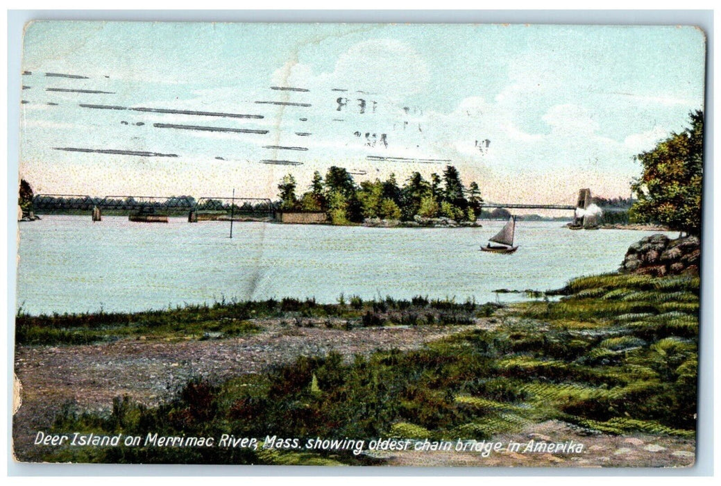 Deer Island Merrimac River MA, Showing Oldest Chain Bridge In Amerika Postcard