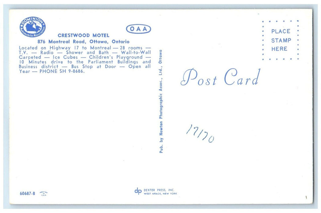 c1960's Crestwood Motel And Restaurant Roadside Ottawa Ontario Canada Postcard
