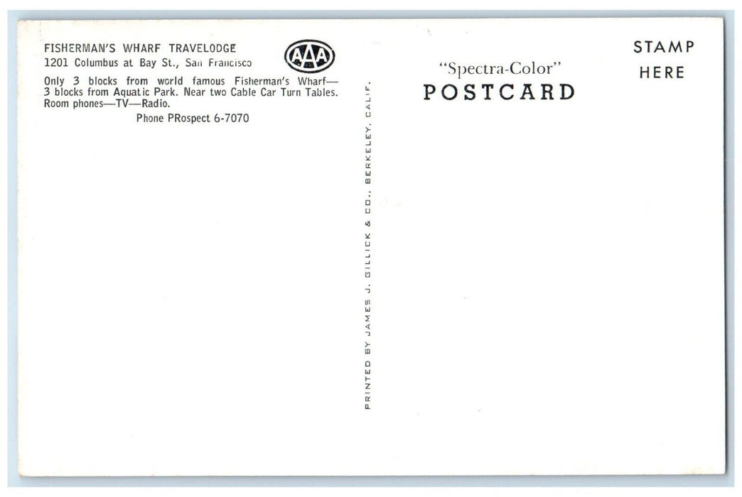 c1950's Fisherman's Wharf Travel Lodge Cars San Francisco California CA Postcard