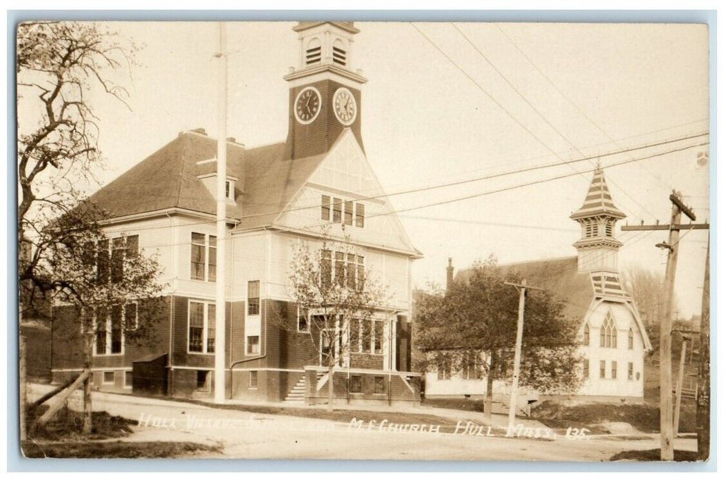 1914 Methodist Church Clock Tower View Hull Massachusetts MA RPPC Photo Postcard