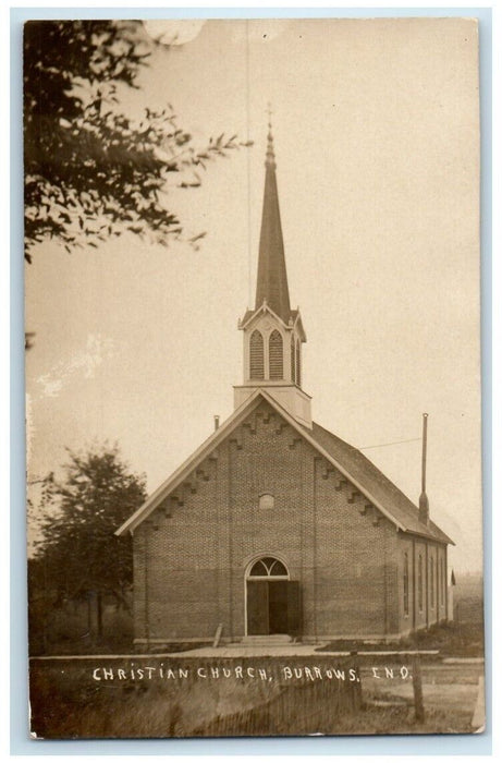 1910 Christian Church Building View Burrows Indiana IN RPPC Photo Postcard