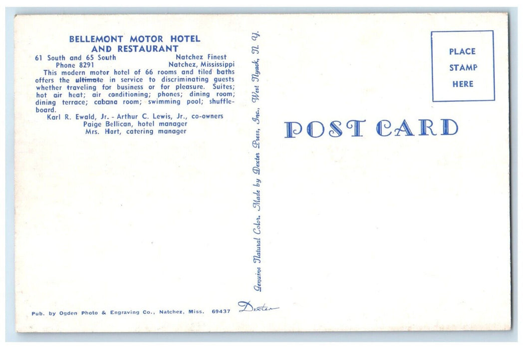 c1950's Bellemont Motor Hotel And Restaurant Natchez Mississippi MS Postcard