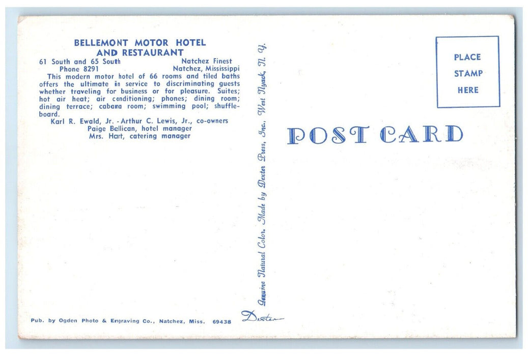 Bellemont Motor Hotel And Restaurant Flags Natchez Mississippi MS Postcard