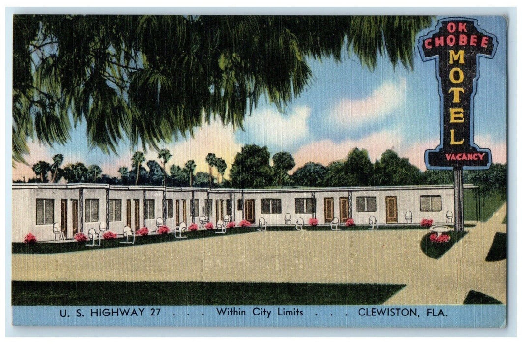 c1930's Ok Chobee Motel US Highway 27 Within City Limits Clewiston FL Postcard
