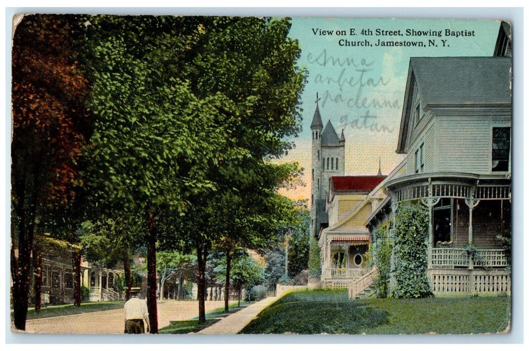 View On E 4th Street Showing Baptist Church Jamestown New York NY Postcard