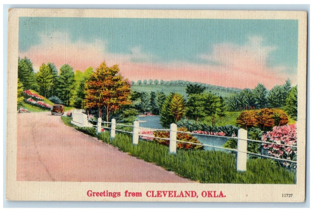 1945 Greetings From Cleveland Oklahoma OK, Road Car Lake View Vintage Postcard