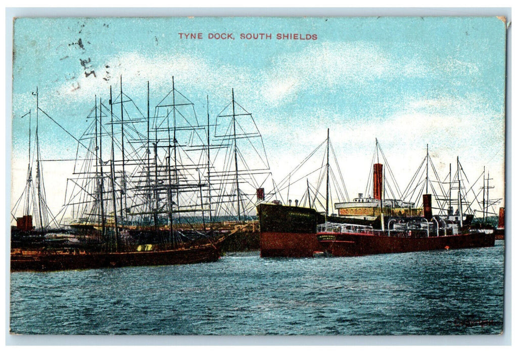 1908 Steamship Tyne Dock South Shields England Posted Antique Postcard