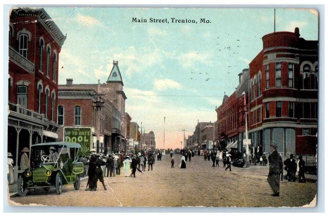 1913 Main Street Busy Day Buildings Road Classic Cars Trenton Missouri Postcard