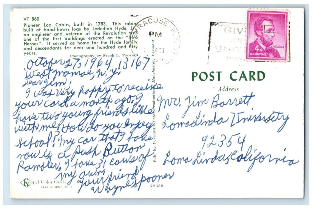 1964 Pioneer Log Cabin Hand-Hewn Logs Two Heroes Syracuse New York NY Postcard