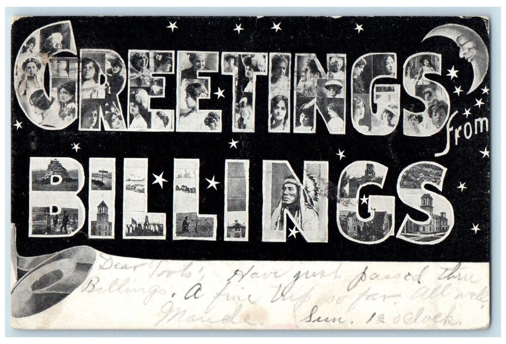 1909 Greetings From Big Letters Multiview Stars Moon Billings Montana Postcard