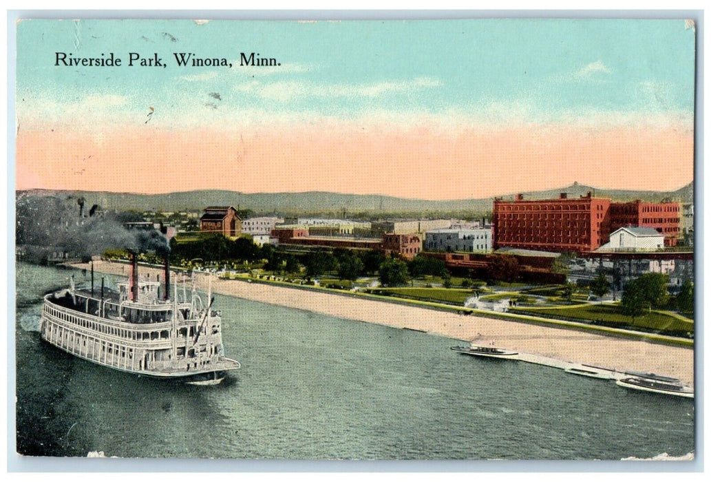 1910 Aerial View Riverside Park Steamer Cruise Ship Winona Minnesota MN Postcard