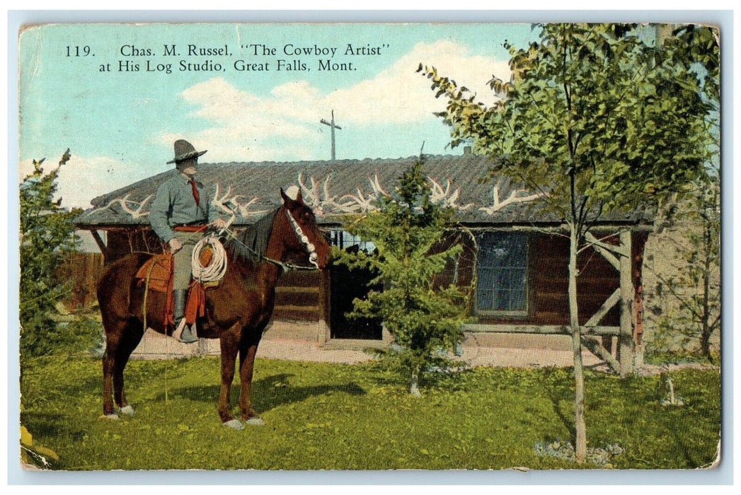 1928 Chas Russel Cowboy Artist His Log Studio Horse Great Falls Montana Postcard
