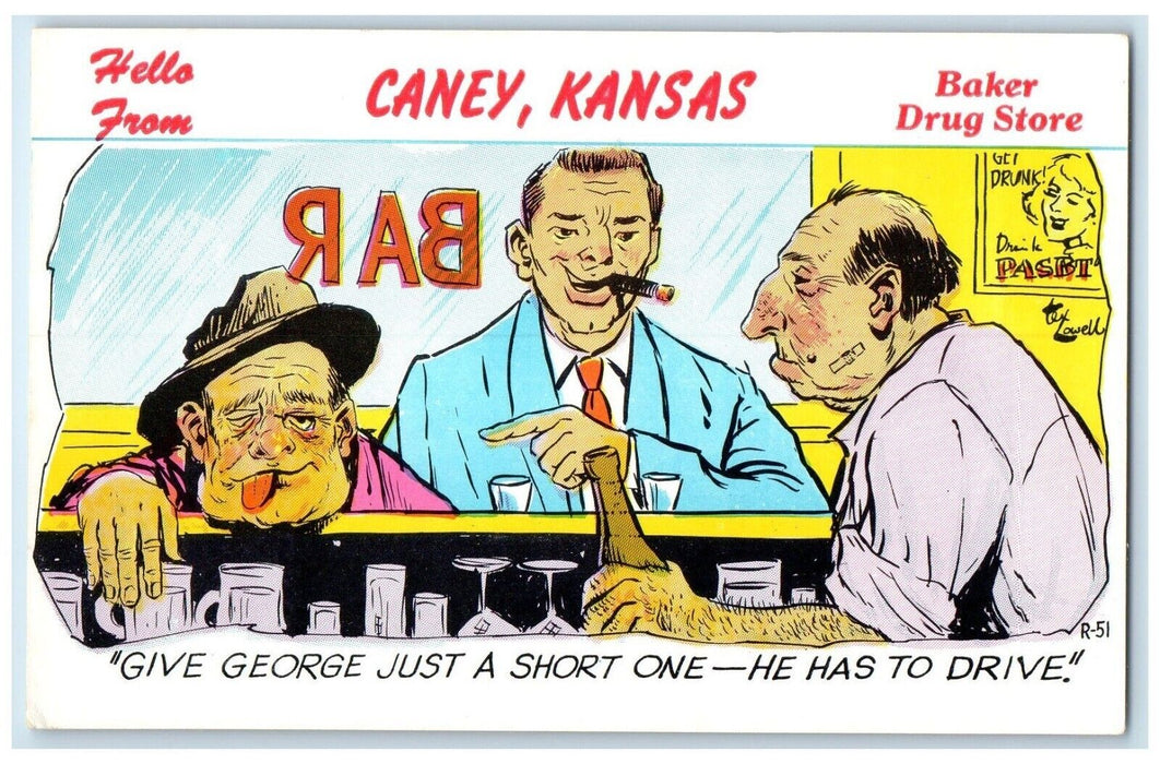 c1940 Baker Drug Store Bar Drunk Men Hello From Caney Kansas Laff Gram Postcard