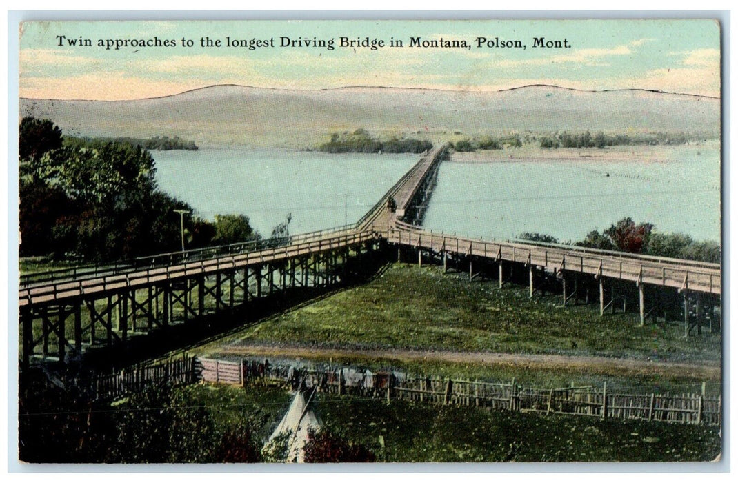 c1910 Twin Approaches Longest Driving Bridge Exterior Polson Montana MT Postcard