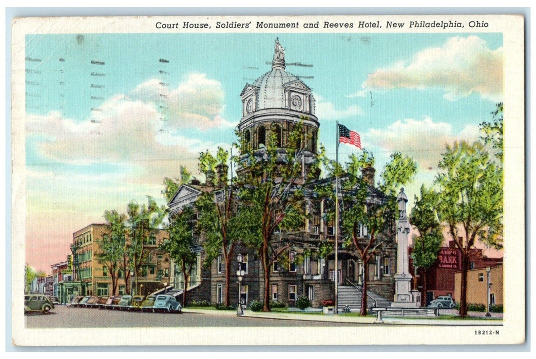 1949 Court House Soldiers Monument Reeves Hotel New Philadelphia Ohio Postcard