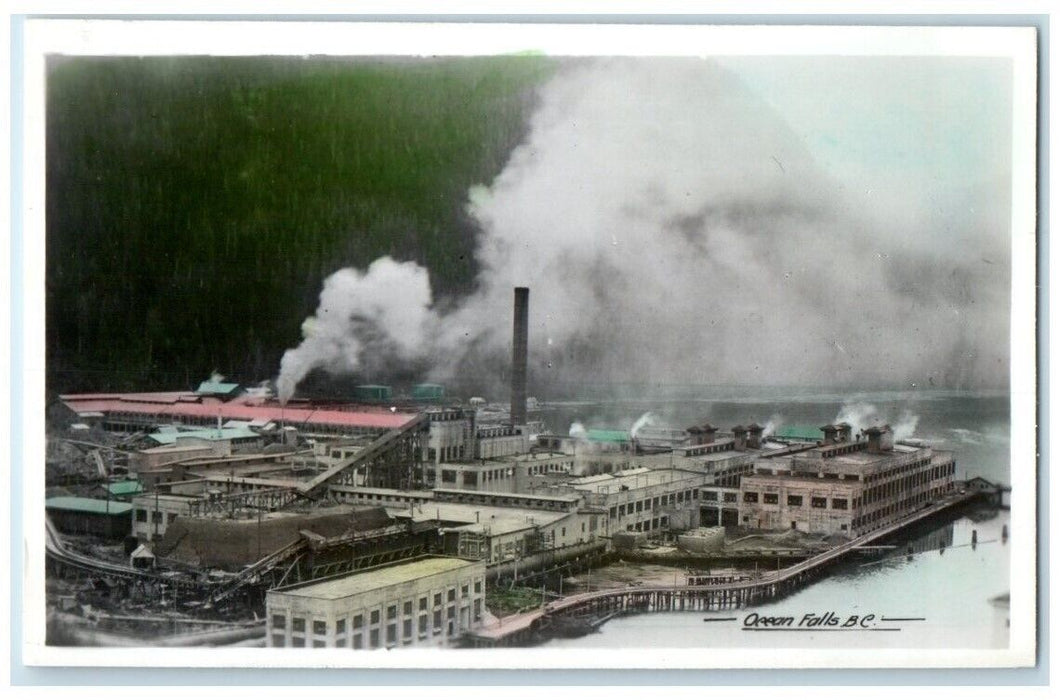 c1930's Paper Mill Tinted View Ocean Falls B.C. Canada RPPC Photo Postcard