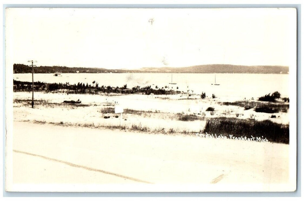 1936 Crystal Lake Sailboat Shore View Frankfort Pilgrim MI RPPC Photo Postcard