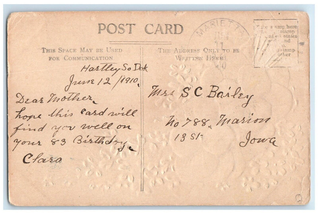 1910 Greetings From Marrietta South Dakota SD Flowers Embossed Antique Postcard