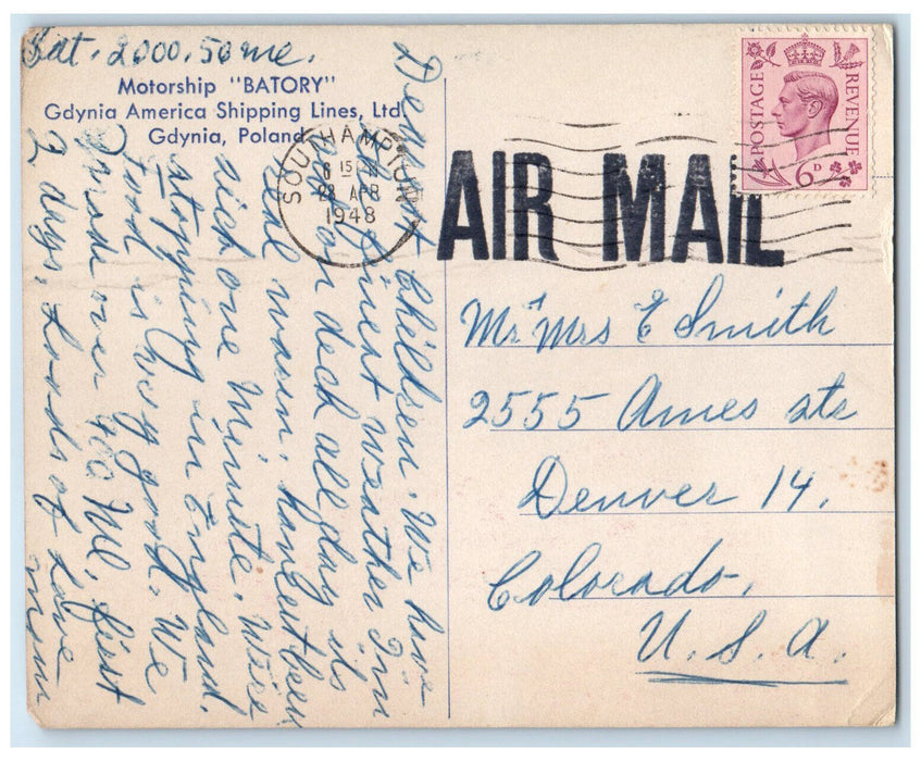 1948 Motorship "Batory" Gdynia America Shipping Lines LTD Gdynia Poland Postcard