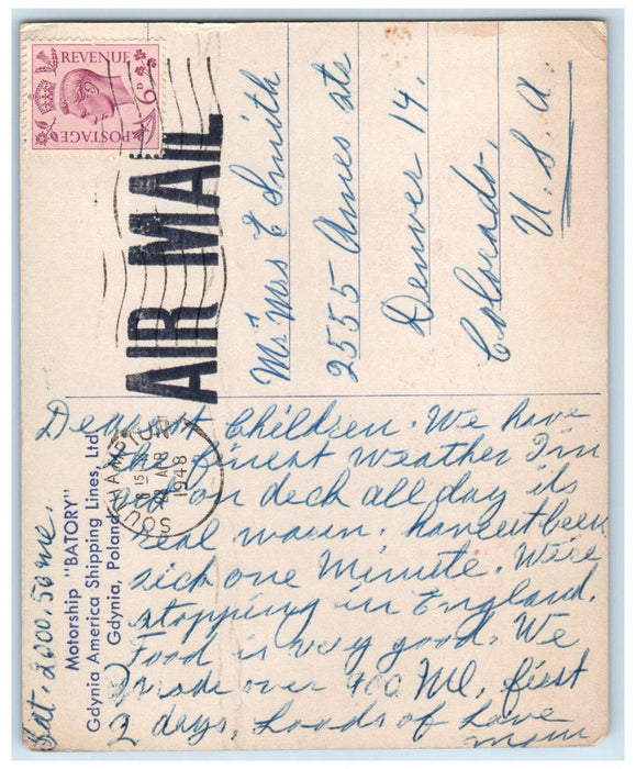 1948 Motorship "Batory" Gdynia America Shipping Lines LTD Gdynia Poland Postcard