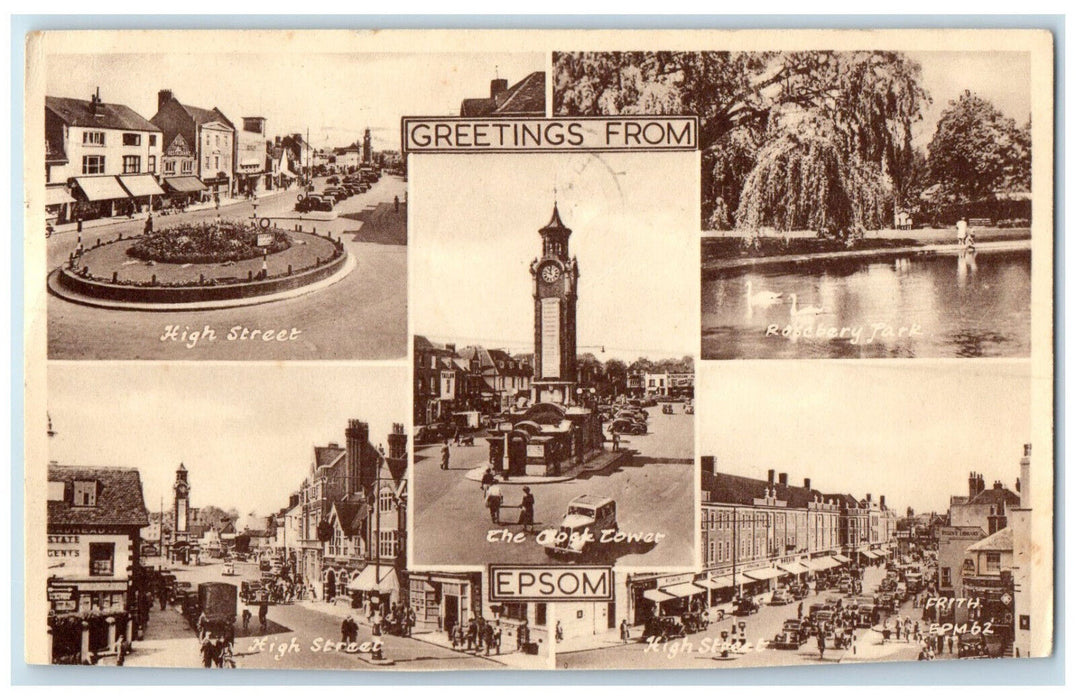 1956 Greetings from Epsom Clock Tower Surrey England Multiview Postcard