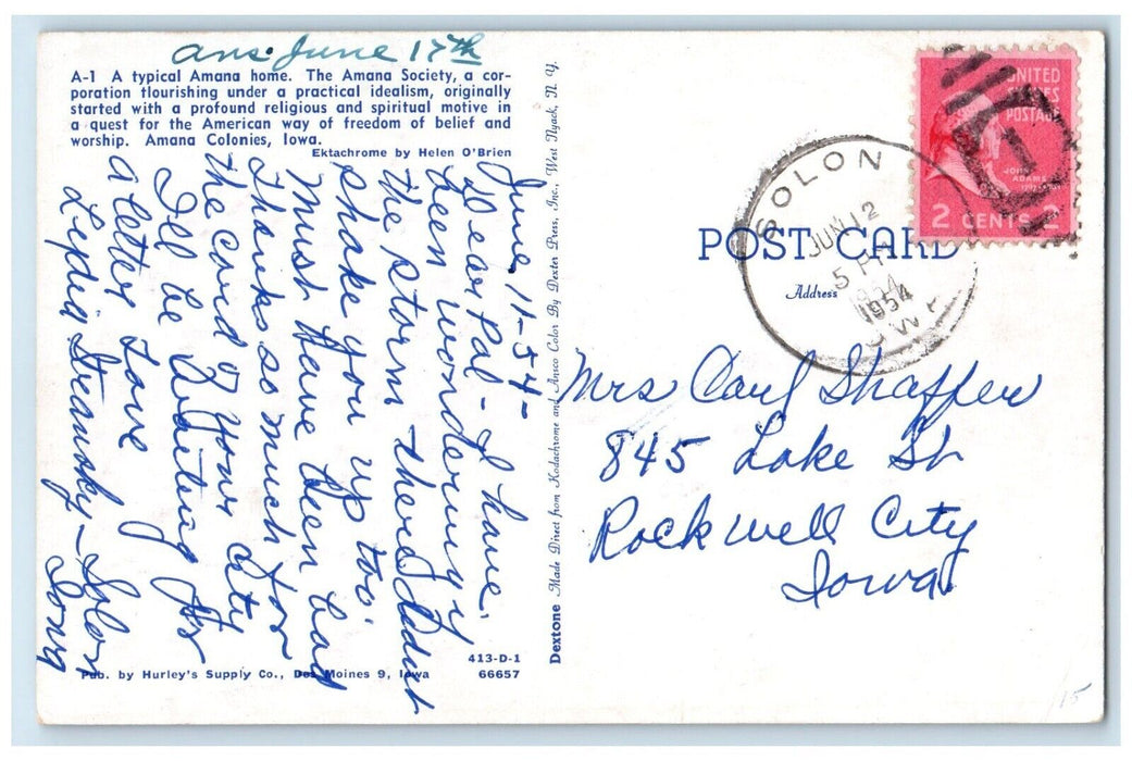 1954 Amana Home House Amana Colonies Solon Iowa IA Posted Vintage Postcard