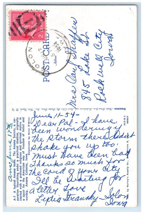 1954 Amana Home House Amana Colonies Solon Iowa IA Posted Vintage Postcard